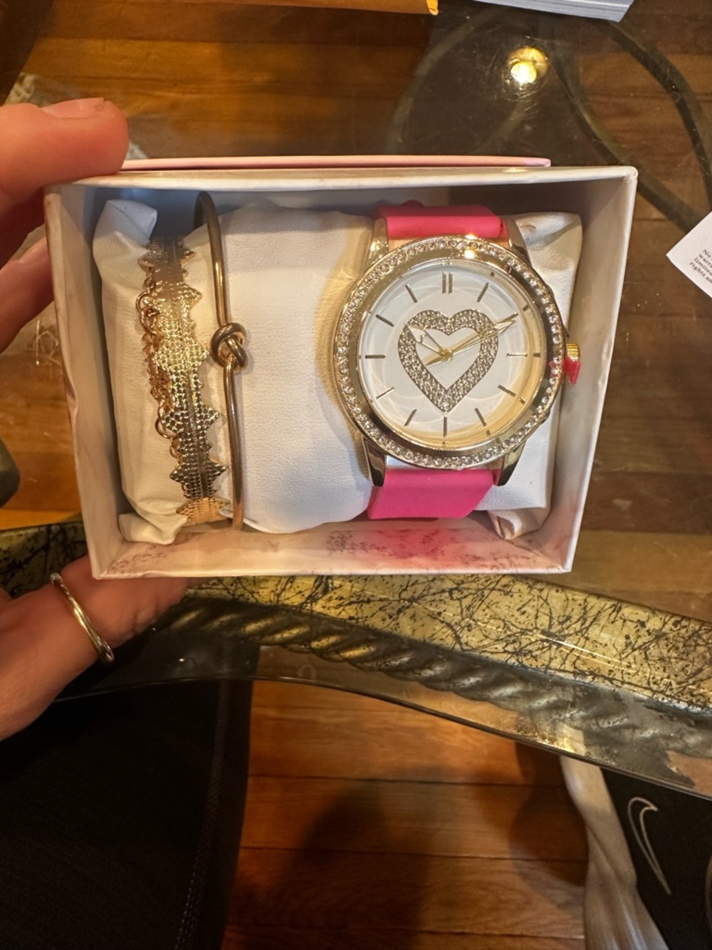 Women's Gold-Tone Heart Crystal Watch with Pink Strap and Bracelet Set